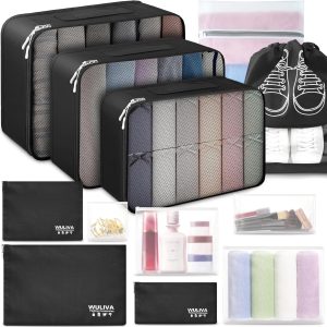 ALL INCLUDED - 12 Set Packing Cubes for Suitcases Carry On, Travel Essentials/Accessories Luggage Organizer Bags Set, Includes Cubes, Shoes Bag, Matte Cosmetic Bag, Laundry Bag (Black)