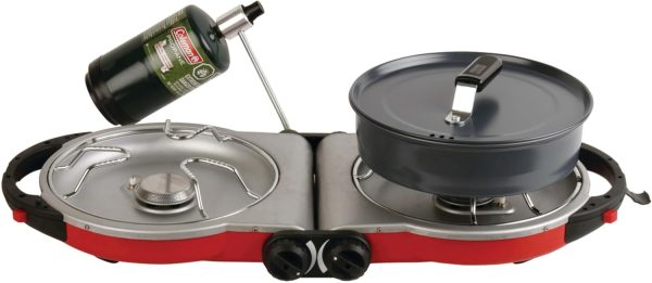 Coleman Fold N Go 2-Burner Propane Camping Stove, Portable Folding Camp Stove with Push-Button Instant Ignition, 2 Adjustable Burners with Pressure Control and 20,000 BTUs of Power