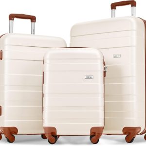 Merax 3 Pcs ABS Hardside Luggage Sets TSA Lock Spinner Wheel Suitcases, Pearly White, 20/24/28 Inch