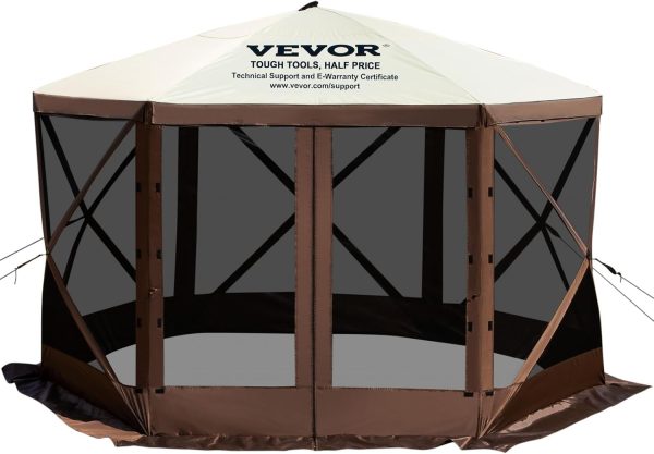 VEVOR Pop Up Gazebo Screen Tent, Pop-Up Instant Gazebo Tent with Mosquito Netting Outdoor Canopy, 6 Sided Sun Shelter 10x10ft with 6 Removable Wind Cloths & 2 Mesh Windows, Pavilion Tent for Patio