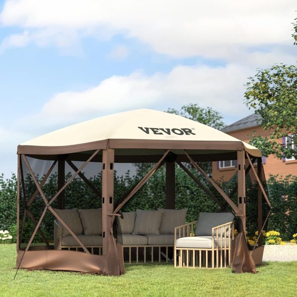 VEVOR Pop Up Gazebo Screen Tent, Pop-Up Instant Gazebo Tent with Mosquito Netting Outdoor Canopy, 6 Sided Sun Shelter 10x10ft with 6 Removable Wind Cloths & 2 Mesh Windows, Pavilion Tent for Patio - Image 2