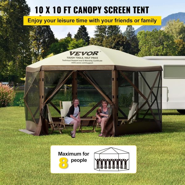 VEVOR Pop Up Gazebo Screen Tent, Pop-Up Instant Gazebo Tent with Mosquito Netting Outdoor Canopy, 6 Sided Sun Shelter 10x10ft with 6 Removable Wind Cloths & 2 Mesh Windows, Pavilion Tent for Patio - Image 3