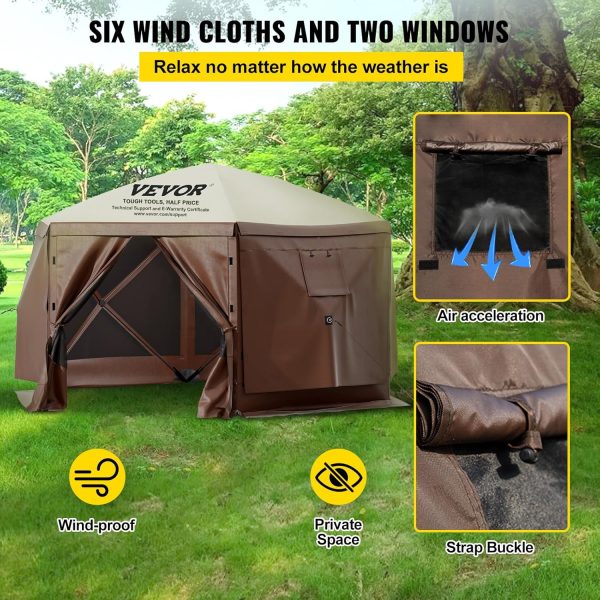 VEVOR Pop Up Gazebo Screen Tent, Pop-Up Instant Gazebo Tent with Mosquito Netting Outdoor Canopy, 6 Sided Sun Shelter 10x10ft with 6 Removable Wind Cloths & 2 Mesh Windows, Pavilion Tent for Patio - Image 4