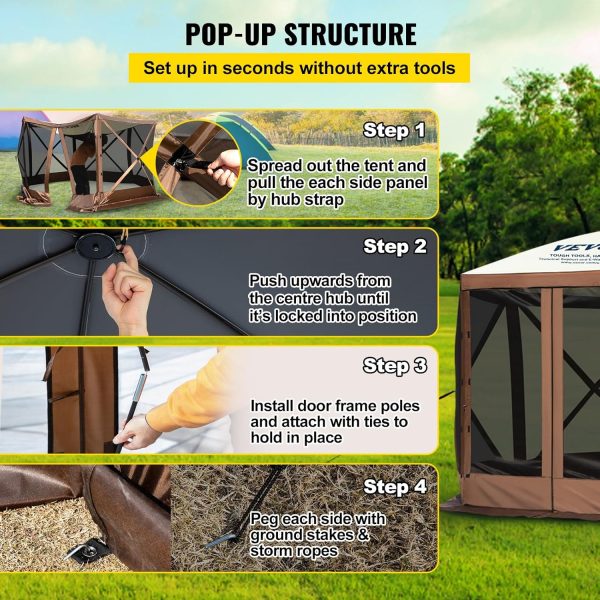 VEVOR Pop Up Gazebo Screen Tent, Pop-Up Instant Gazebo Tent with Mosquito Netting Outdoor Canopy, 6 Sided Sun Shelter 10x10ft with 6 Removable Wind Cloths & 2 Mesh Windows, Pavilion Tent for Patio - Image 5