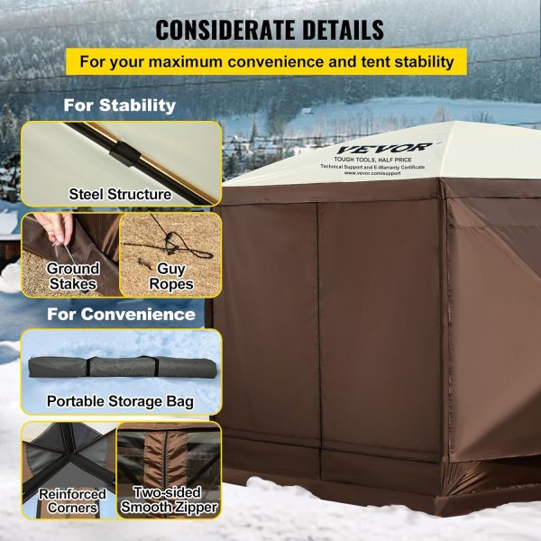 VEVOR Pop Up Gazebo Screen Tent, Pop-Up Instant Gazebo Tent with Mosquito Netting Outdoor Canopy, 6 Sided Sun Shelter 10x10ft with 6 Removable Wind Cloths & 2 Mesh Windows, Pavilion Tent for Patio - Image 7