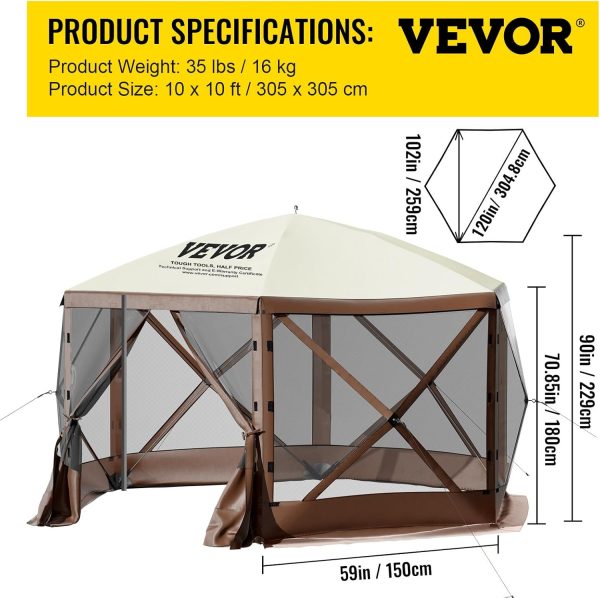 VEVOR Pop Up Gazebo Screen Tent, Pop-Up Instant Gazebo Tent with Mosquito Netting Outdoor Canopy, 6 Sided Sun Shelter 10x10ft with 6 Removable Wind Cloths & 2 Mesh Windows, Pavilion Tent for Patio - Image 8