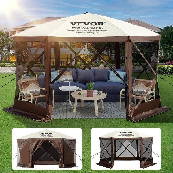 VEVOR Pop Up Gazebo Screen Tent, Pop-Up Instant Gazebo Tent with Mosquito Netting Outdoor Canopy, 6 Sided Sun Shelter 10x10ft with 6 Removable Wind Cloths & 2 Mesh Windows, Pavilion Tent for Patio - Image 9