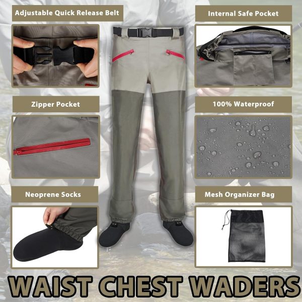 Waist Wader Pants for Men and Women, 3-Ply Breathable Waterproof Fishing Waders with Pockets and Durable Stockingfoot, Size XL - Image 2